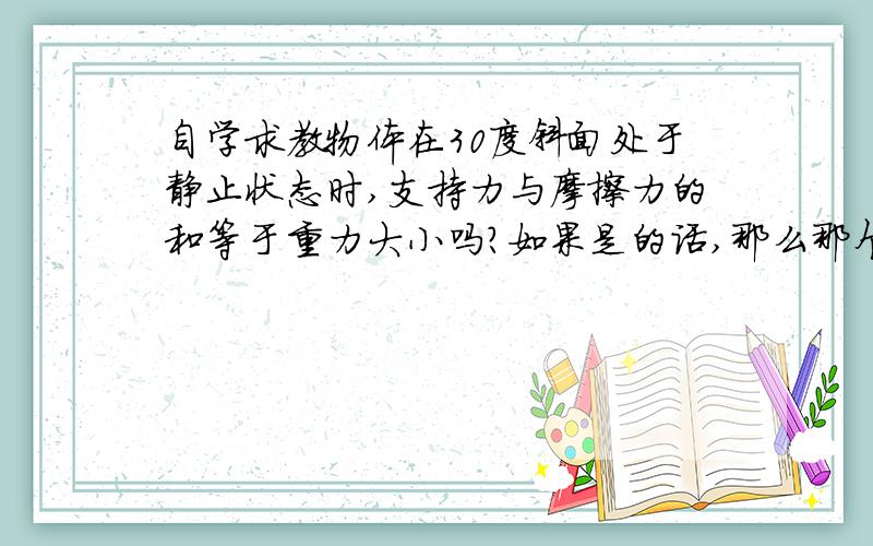 自学求教物体在30度斜面处于静止状态时,支持力与摩擦力的和等于重力大小吗?如果是的话,那么那个支持力等于COS30MG,摩擦力等于SIN30MG,相加不等于重力MG啊