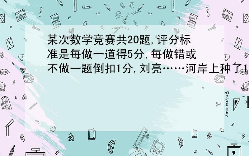 某次数学竞赛共20题,评分标准是每做一道得5分,每做错或不做一题倒扣1分,刘亮……河岸上种了100棵桃树,第一棵是蟠桃,再后面是两棵水蜜桃,再后面是三棵大青桃.接着下去总是这样.请问第100