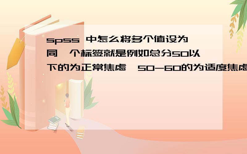 spss 中怎么将多个值设为同一个标签就是例如总分50以下的为正常焦虑,50-60的为适度焦虑,如何设定?