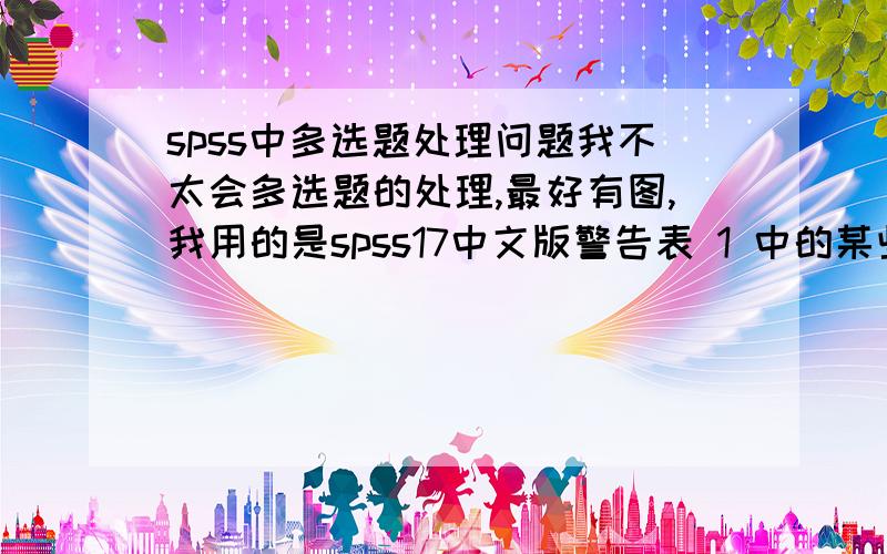 spss中多选题处理问题我不太会多选题的处理,最好有图,我用的是spss17中文版警告表 1 中的某些子表是空的.如果 EMPTY = EXCLUDE,则它们可能不会正确显示.这是为什么,输出结果为0