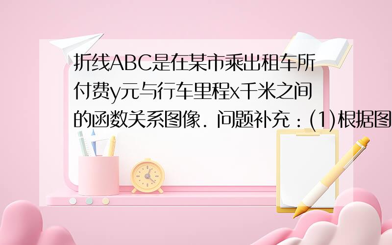 折线ABC是在某市乘出租车所付费y元与行车里程x千米之间的函数关系图像. 问题补充：(1)根据图象,写出该图象的函数关系式；(2)某人乘坐2．5 km,应付多少钱?(3)某人乘坐13 km,应付多少钱?(4)若某