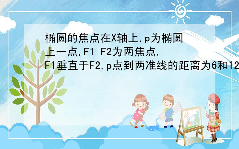 椭圆的焦点在X轴上,p为椭圆上一点,F1 F2为两焦点,F1垂直于F2,p点到两准线的距离为6和12,求椭圆的...椭圆的焦点在X轴上,p为椭圆上一点,F1 F2为两焦点,F1垂直于F2,p点到两准线的距离为6和12,求椭圆