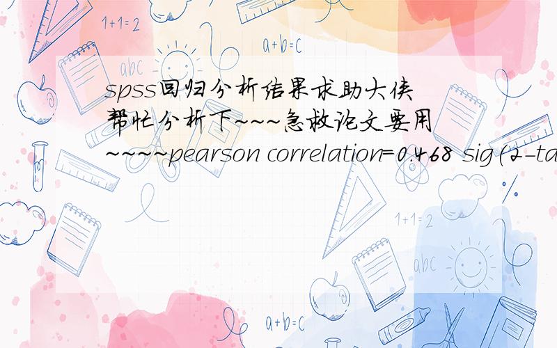 spss回归分析结果求助大侠帮忙分析下~~~急救论文要用~~~~pearson correlation=0.468 sig(2-tailed)=0.001N=46   他们间的关系要怎么分析啊,详细点的~~~~~谢谢啊~~~~~~一元线性的模型~~~