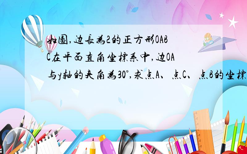 如图,边长为2的正方形OABC在平面直角坐标系中,边OA与y轴的夹角为30°,求点A、点C、点B的坐标不然关