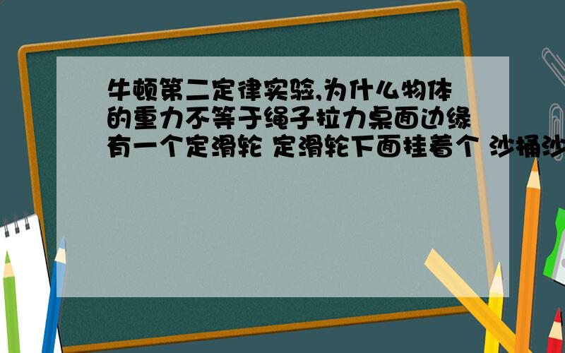 牛顿第二定律实验,为什么物体的重力不等于绳子拉力桌面边缘有一个定滑轮 定滑轮下面挂着个 沙桶沙子 然后绳子另一端系在一辆小车上 并且绳子与支持面平行 为什么沙桶沙子的重力不等