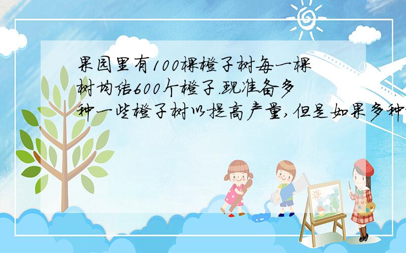 果园里有100棵橙子树每一棵树均结600个橙子．现准备多种一些橙子树以提高产量,但是如果多种树那么树之间的距离和每一棵树所接受的阳光就会减少．根据经验估计,每多种一棵树,平均每棵