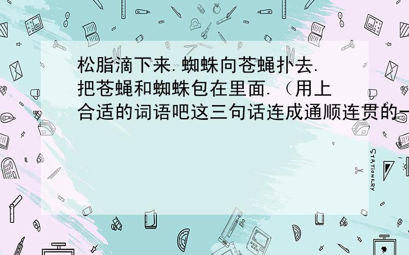 松脂滴下来.蜘蛛向苍蝇扑去.把苍蝇和蜘蛛包在里面.（用上合适的词语吧这三句话连成通顺连贯的一句话）