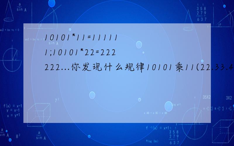 10101*11=111111;10101*22=222222...你发现什么规律10101乘11(22.33.44.55.66....)两数相同!