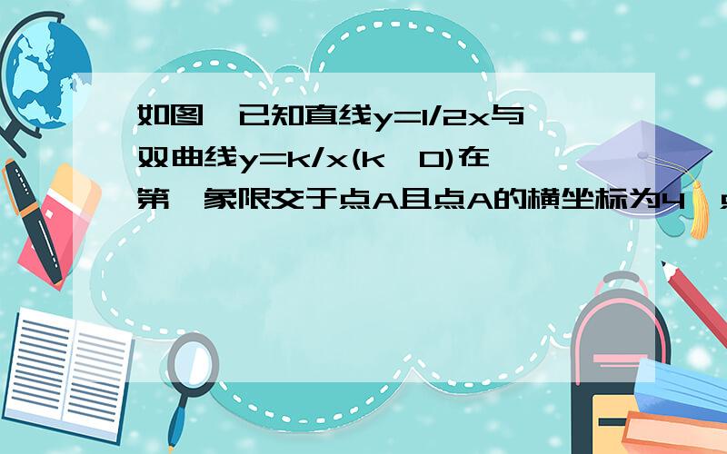 如图,已知直线y=1/2x与双曲线y=k/x(k>0)在第一象限交于点A且点A的横坐标为4,点B在双曲线上.(1)求双曲线的函数解析式（2）若点B的纵坐标为8,是判断△OAB形状,并说明理由