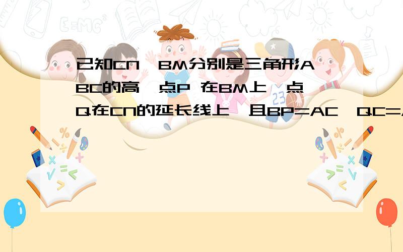 已知CN、BM分别是三角形ABC的高,点P 在BM上,点Q在CN的延长线上,且BP=AC,QC=AB,分别连接AP、AQ1.请你说明线段AP与AQ的数量和位置关系