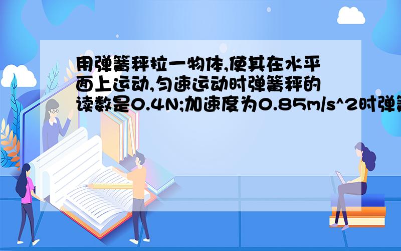 用弹簧秤拉一物体,使其在水平面上运动,匀速运动时弹簧秤的读数是0.4N;加速度为0.85m/s^2时弹簧秤的读数为2.1N,则物体所受的摩擦力是多少?物体的质量是多少?