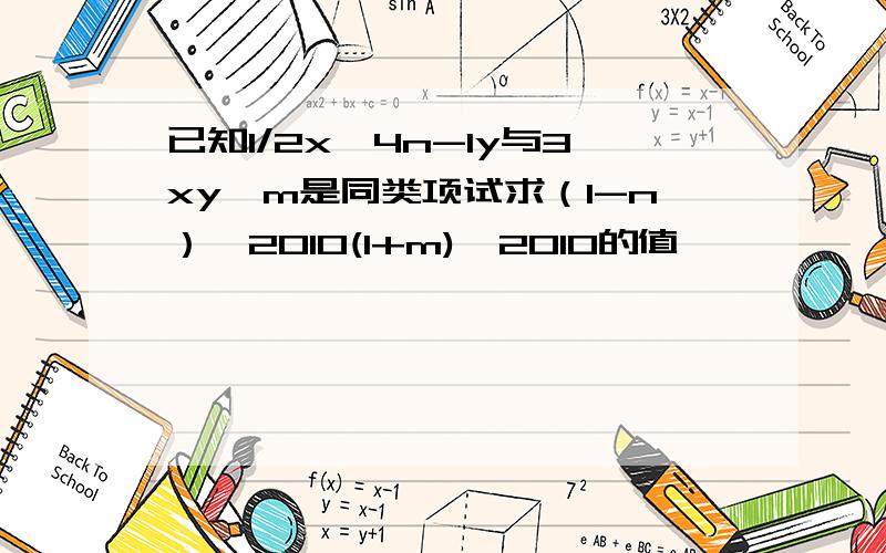 已知1/2x^4n-1y与3xy^m是同类项试求（1-n）^2010(1+m)^2010的值