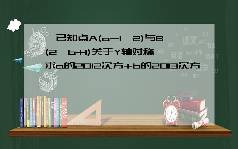 ,已知点A(a-1,2)与B(2,b+1)关于Y轴对称,求a的2012次方+b的2013次方