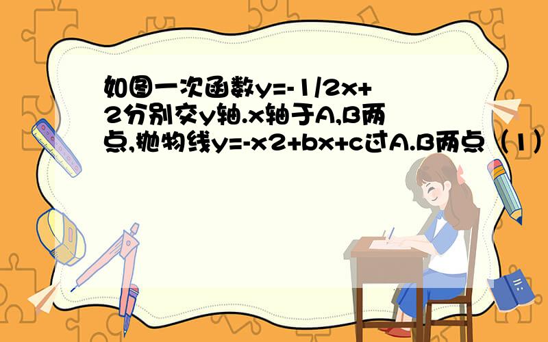 如图一次函数y=-1/2x+2分别交y轴.x轴于A,B两点,抛物线y=-x2+bx+c过A.B两点（1）求这个抛物线的解析式；（2）作垂直x轴的直线x=t,在第一象限交直线AB于M,交这个抛物线于N．求当t取何值时,MN有最大