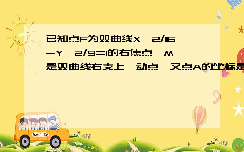 已知点F为双曲线X^2/16-Y^2/9=1的右焦点,M是双曲线右支上一动点,又点A的坐标是(5,1),则4MF+5MA的最小值为