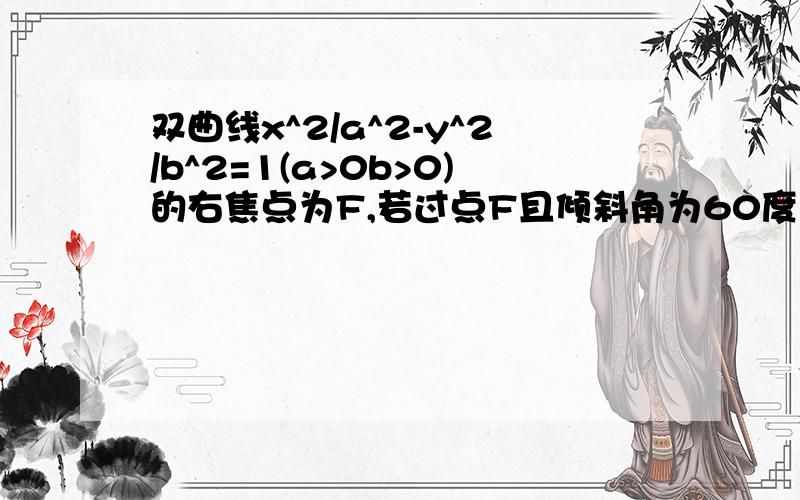 双曲线x^2/a^2-y^2/b^2=1(a>0b>0)的右焦点为F,若过点F且倾斜角为60度的直线与双曲线的右支有且只有一个交点,求双曲线离心率的范围