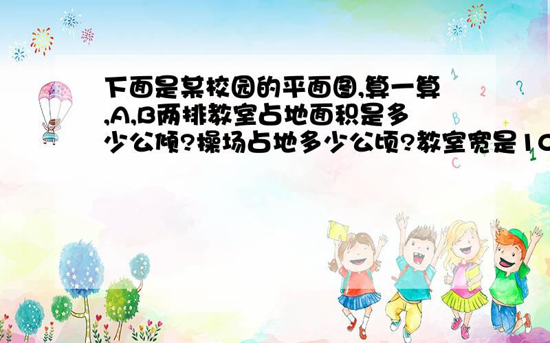 下面是某校园的平面图,算一算,A,B两排教室占地面积是多少公倾?操场占地多少公顷?教室宽是100米,长是300米,操场宽是100米,长是400米