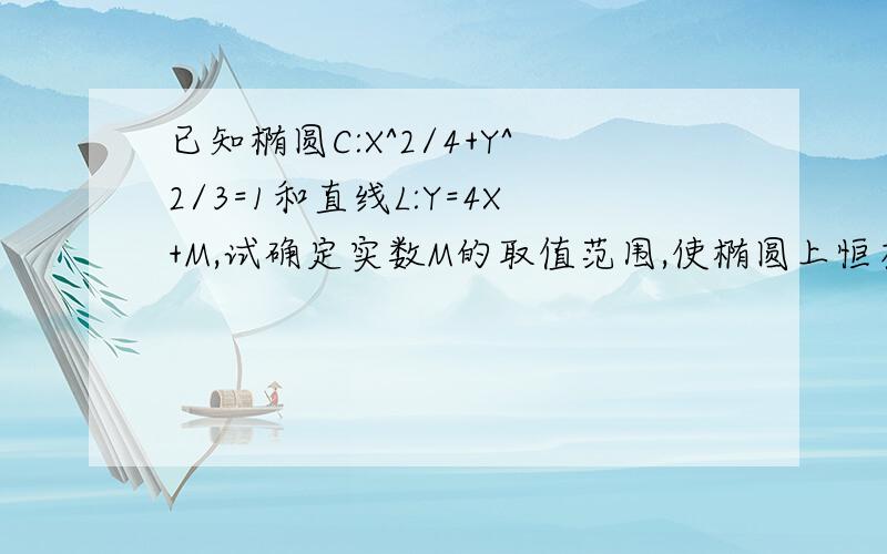 已知椭圆C:X^2/4+Y^2/3=1和直线L:Y=4X+M,试确定实数M的取值范围,使椭圆上恒有不同的两点关于直线L对称