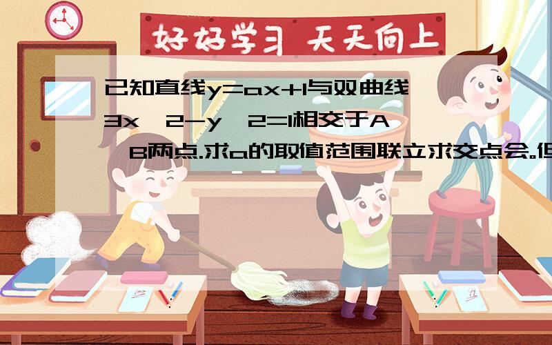 已知直线y=ax+1与双曲线3x^2-y^2=1相交于A,B两点.求a的取值范围联立求交点会。但是练习册上答案是：（-sqrt(6)