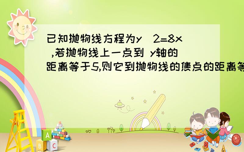 已知抛物线方程为y^2=8x ,若抛物线上一点到 y轴的距离等于5,则它到抛物线的焦点的距离等于__ __；