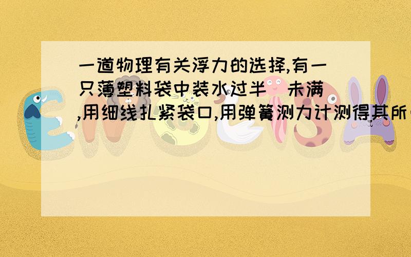 一道物理有关浮力的选择,有一只薄塑料袋中装水过半（未满）,用细线扎紧袋口,用弹簧测力计测得其所受重力为9N,再将这个装水的塑料袋浸入烧杯内的水中,当弹簧测力计示数为6N时,袋内水面