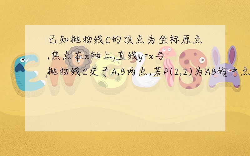 已知抛物线C的顶点为坐标原点,焦点在x轴上,直线y=x与抛物线C交于A,B两点,若P(2,2)为AB的中点,则抛物线C的方程为?我算到了x1+x2=2P 然后p=2是怎么来的呢?