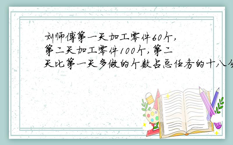 刘师傅第一天加工零件60个,第二天加工零件100个,第二天比第一天多做的个数占总任务的十八分之一,这批零件共有多少个?