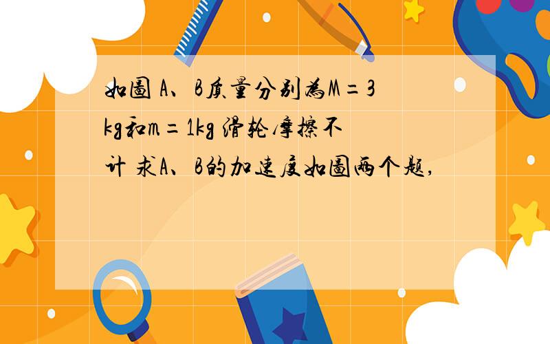 如图 A、B质量分别为M=3kg和m=1kg 滑轮摩擦不计 求A、B的加速度如图两个题,