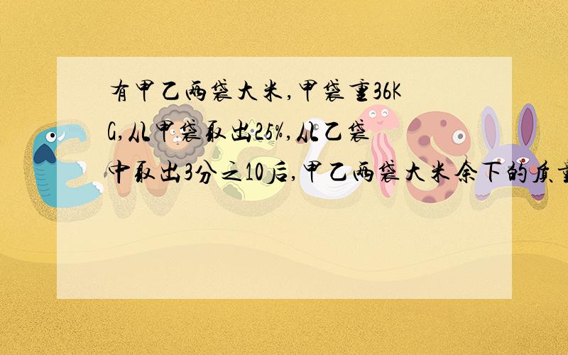 有甲乙两袋大米,甲袋重36KG,从甲袋取出25%,从乙袋中取出3分之10后,甲乙两袋大米余下的质量比是9:14有甲乙两袋大米,甲袋重36KG,从甲袋取出25%,从乙袋中取出3分之10后,甲、乙两袋大米余下的质