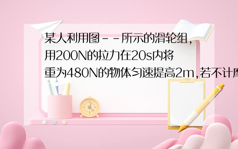 某人利用图--所示的滑轮组,用200N的拉力在20s内将重为480N的物体匀速提高2m,若不计摩擦和绳长,求1 动滑轮重 2 绳子自由端移动的速度为多大?3 若重物在增加150N,要使重物匀速上升,作用在绳自