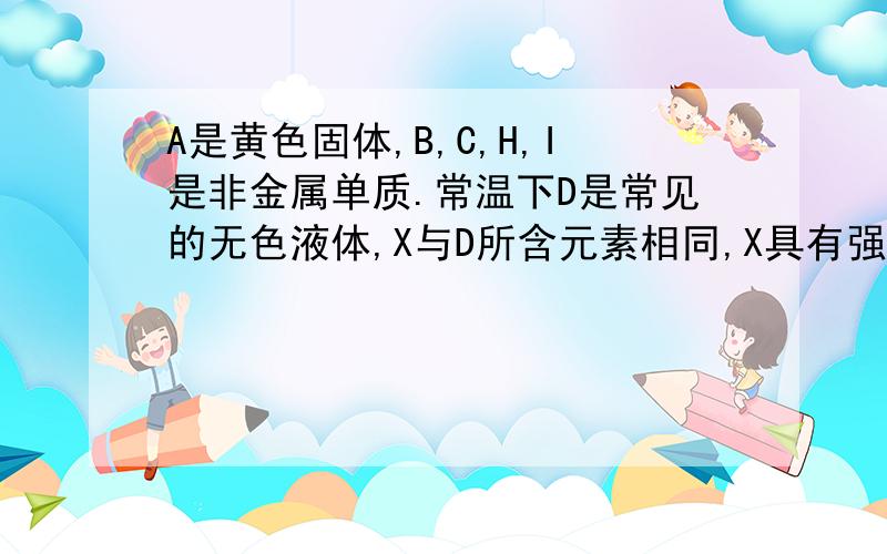 A是黄色固体,B,C,H,I是非金属单质.常温下D是常见的无色液体,X与D所含元素相同,X具有强氧化性,可用于漂白和杀菌消毒.F为红棕色防锈颜料的主要成分,O是生活中常见的含氮量最高的氮肥,A,E,J,N