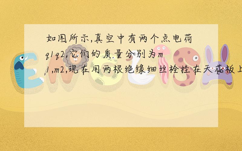 如图所示,真空中有两个点电荷q1q2,它们的质量分别为m1,m2,现在用两根绝缘细丝栓挂在天花板上,在库仑力作用下两根丝线与竖直方向夹角为α和β,且两点电荷此时处于同一水平线上,则以下说法