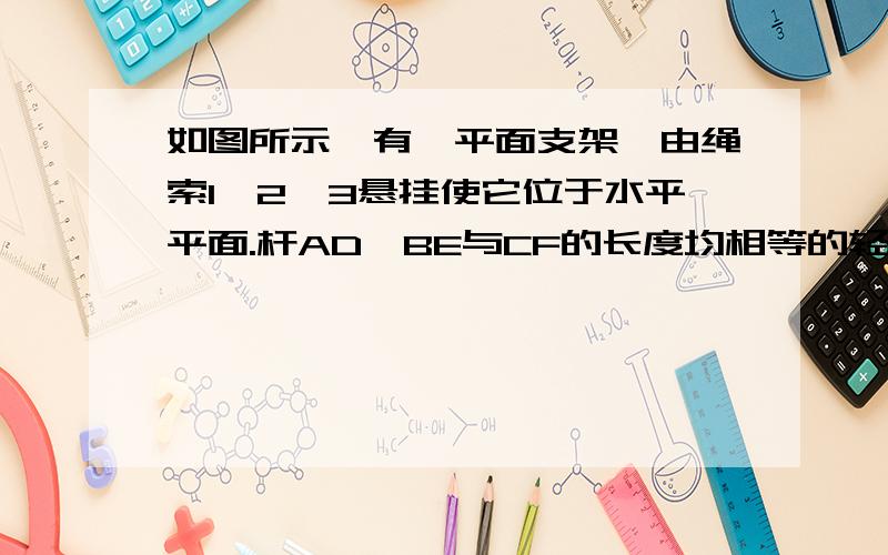 如图所示,有一平面支架,由绳索1,2,3悬挂使它位于水平平面.杆AD,BE与CF的长度均相等的轻杆,D、E、F分别位于杆BE、CF和AD的中点,在F端作用有铅直向下之力P,求绳索张力T1,T2及T3.