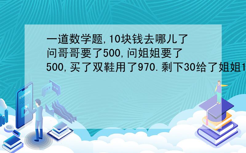 一道数学题,10块钱去哪儿了问哥哥要了500,问姐姐要了500,买了双鞋用了970.剩下30给了姐姐10给了哥哥10,自己还剩下10块,欠哥哥490,欠姐姐490490+490=980加上自己的10才990.还有10块钱去哪儿了?