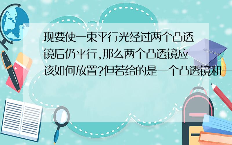 现要使一束平行光经过两个凸透镜后仍平行,那么两个凸透镜应该如何放置?但若给的是一个凸透镜和一个凹透镜,也能使平行光经过两个透镜后仍为平行光吗?请画出两种情况的光路图.