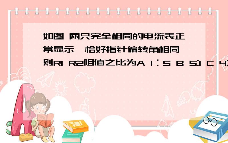 如图 两只完全相同的电流表正常显示,恰好指针偏转角相同,则R1 R2阻值之比为A 1：5 B 5:1 C 4:1 D 1:4