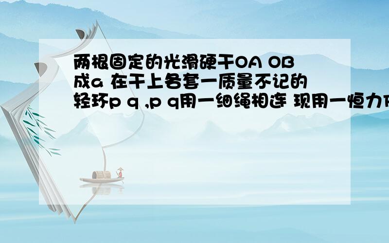 两根固定的光滑硬干OA OB成a 在干上各套一质量不记的轻环p q ,p q用一细绳相连 现用一恒力F沿OB方向拉环q 则当两环稳定时 细绳上的拉力多大 ,＜图像如左边小于号 上为OA