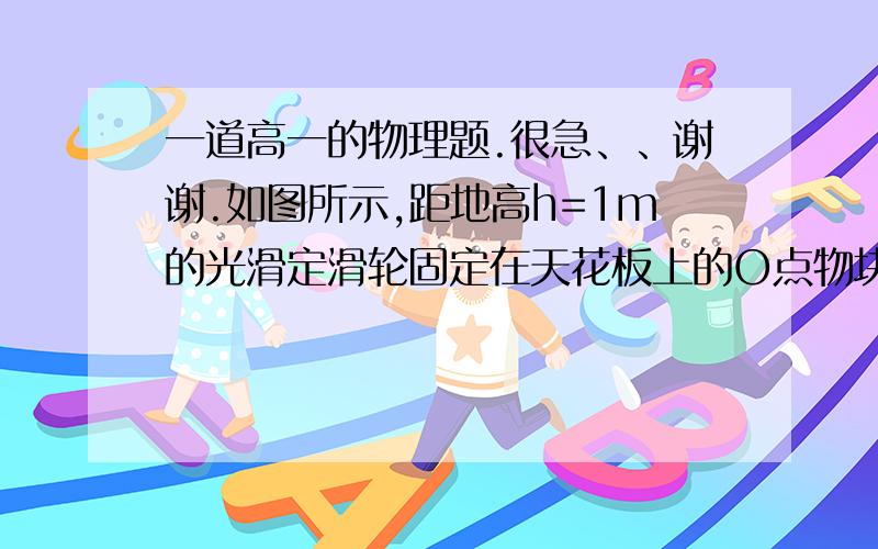 一道高一的物理题.很急、、谢谢.如图所示,距地高h=1m的光滑定滑轮固定在天花板上的O点物块A、B（可视为质点）用跨过定滑轮的不可伸长的轻绳连接,B处在水平地面上,当与B连接的轻绳与水