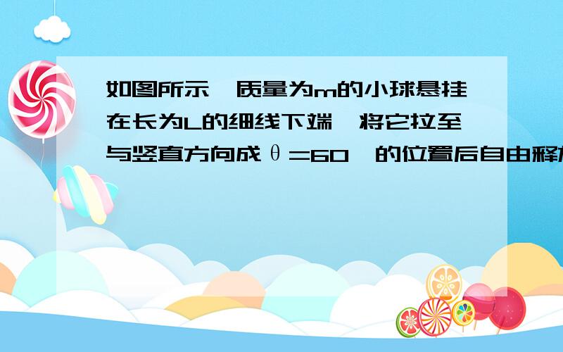 如图所示,质量为m的小球悬挂在长为L的细线下端,将它拉至与竖直方向成θ=60°的位置后自由释放．当小球摆至最低点时,恰好与水平面上原来静止的、质量为2m的木块相碰,碰后小球速度反向且