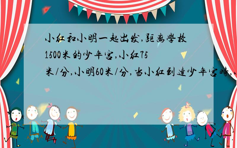 小红和小明一起出发,距离学校1500米的少年宫,小红75米/分,小明60米/分,当小红到达少年宫时,小明距少年