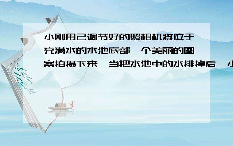 小刚用已调节好的照相机将位于充满水的水池底部一个美丽的图案拍摄下来,当把水池中的水排掉后,小刚仍想在原位置用此照相机拍到这个图案清晰的照片,则他应调整照相机,使镜头（ ）（