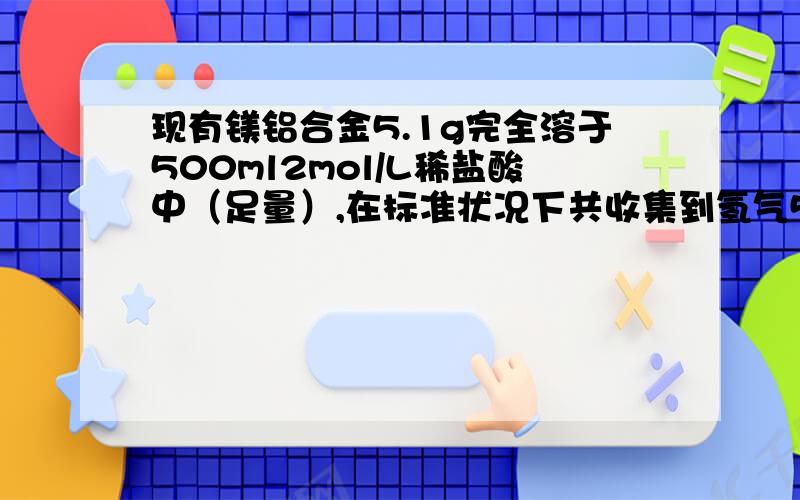 现有镁铝合金5.1g完全溶于500ml2mol/L稀盐酸中（足量）,在标准状况下共收集到氢气5.6L,计算（1）这种合金百分组成（2） 假设反应后溶液体积仍为500ml,求生成的Mgcl2,Alcl3及剩余盐酸的浓度