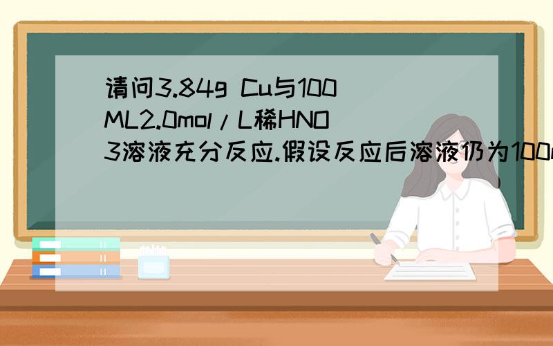 请问3.84g Cu与100ML2.0mol/L稀HNO3溶液充分反应.假设反应后溶液仍为100ml,求此时溶液中硝酸根的物质量浓度.急待回答!