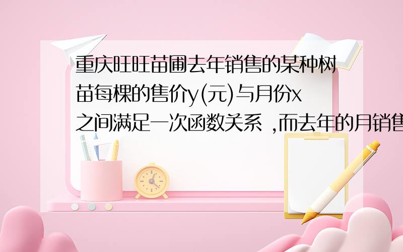 重庆旺旺苗圃去年销售的某种树苗每棵的售价y(元)与月份x之间满足一次函数关系 ,而去年的月销售量P(棵)与月份x之间成一次函数关系,其中两个月的销售情况如下表：月份x 1月 5月销售量P(单