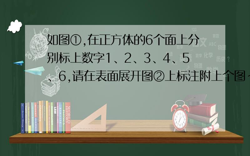 如图①,在正方体的6个面上分别标上数字1、2、3、4、5、6,请在表面展开图②上标注附上个图~