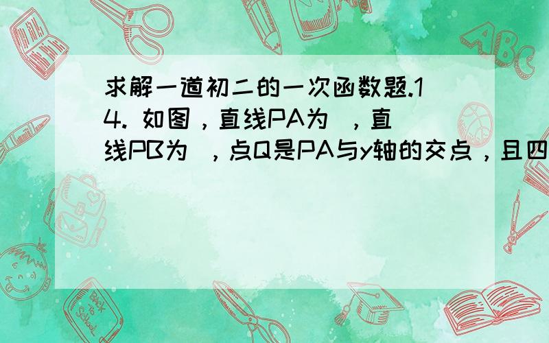 求解一道初二的一次函数题.14. 如图，直线PA为 ，直线PB为 ，点Q是PA与y轴的交点，且四边形PQOB的面积是 ，AB=2，求点P的坐标以及直线PA、PB的解析式。