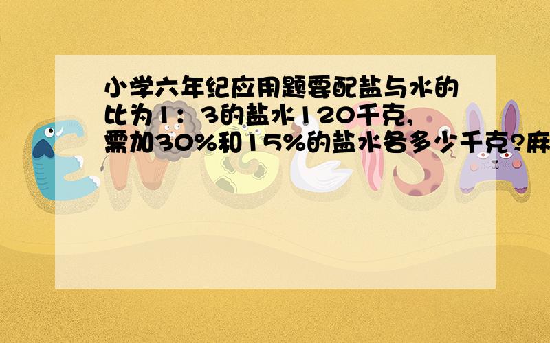 小学六年纪应用题要配盐与水的比为1：3的盐水120千克,需加30%和15%的盐水各多少千克?麻烦写出式子,算术和一元一次方程都可以.其余就不可以了