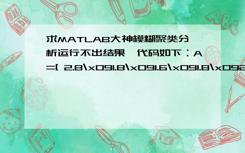 求MATLAB大神模糊聚类分析运行不出结果,代码如下：A=[ 2.8\x091.8\x091.6\x091.8\x092\x091.8\x090.6\x090.2\x092\x09-0.2\x09-0.2\x091.4\x092\x091.6\x091.2\x091.82.4\x091.6\x091.2\x091.6\x092.2\x092.8\x090.8\x090.2\x092\x090.2\x09-0.2\x0