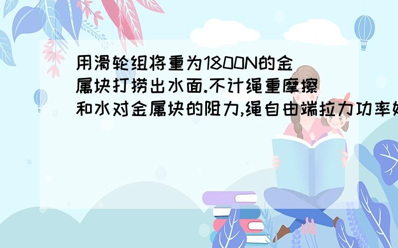 用滑轮组将重为1800N的金属块打捞出水面.不计绳重摩擦和水对金属块的阻力,绳自由端拉力功率始终1680W,金属块浸没水中时匀速提起速度0.8M\S.金属块密度为8000Kg\m3.g=10.求：1,金属块未露出水面