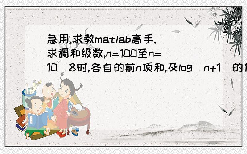 急用,求教matlab高手.求调和级数,n=100至n=10^8时,各自的前n项和,及log（n+1）的值.就是解出的结果中要出现n=100,n=1000,n=10^4,n=10^5...n=10^8时的和,还有对应的log（n+1）的值,并画图~